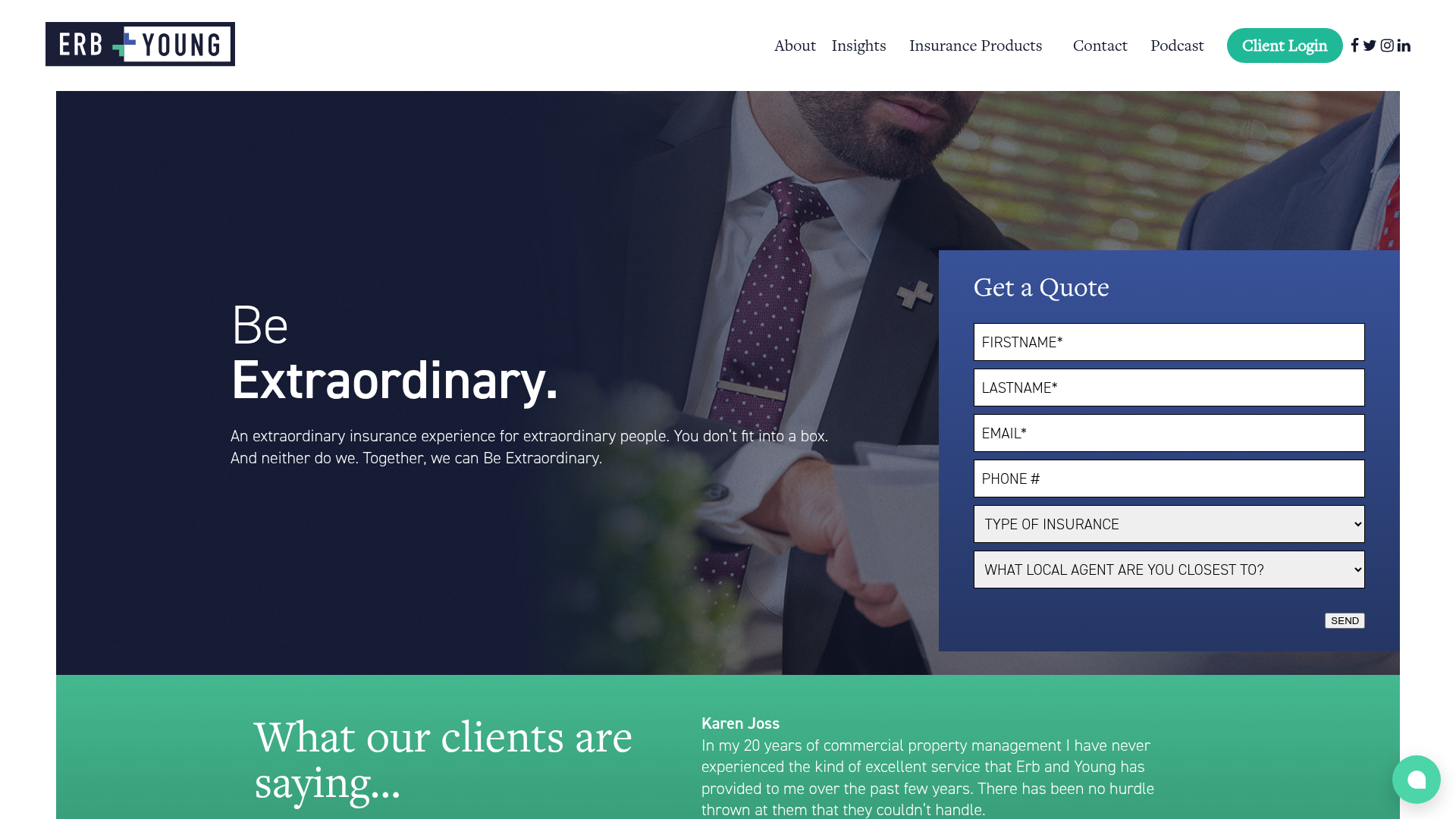 Erb & Young website with Be Extraordinary headline, quote form, and client login