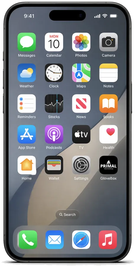 The GloveBox app on an iPhone home screen carrying Primal's icon artwork