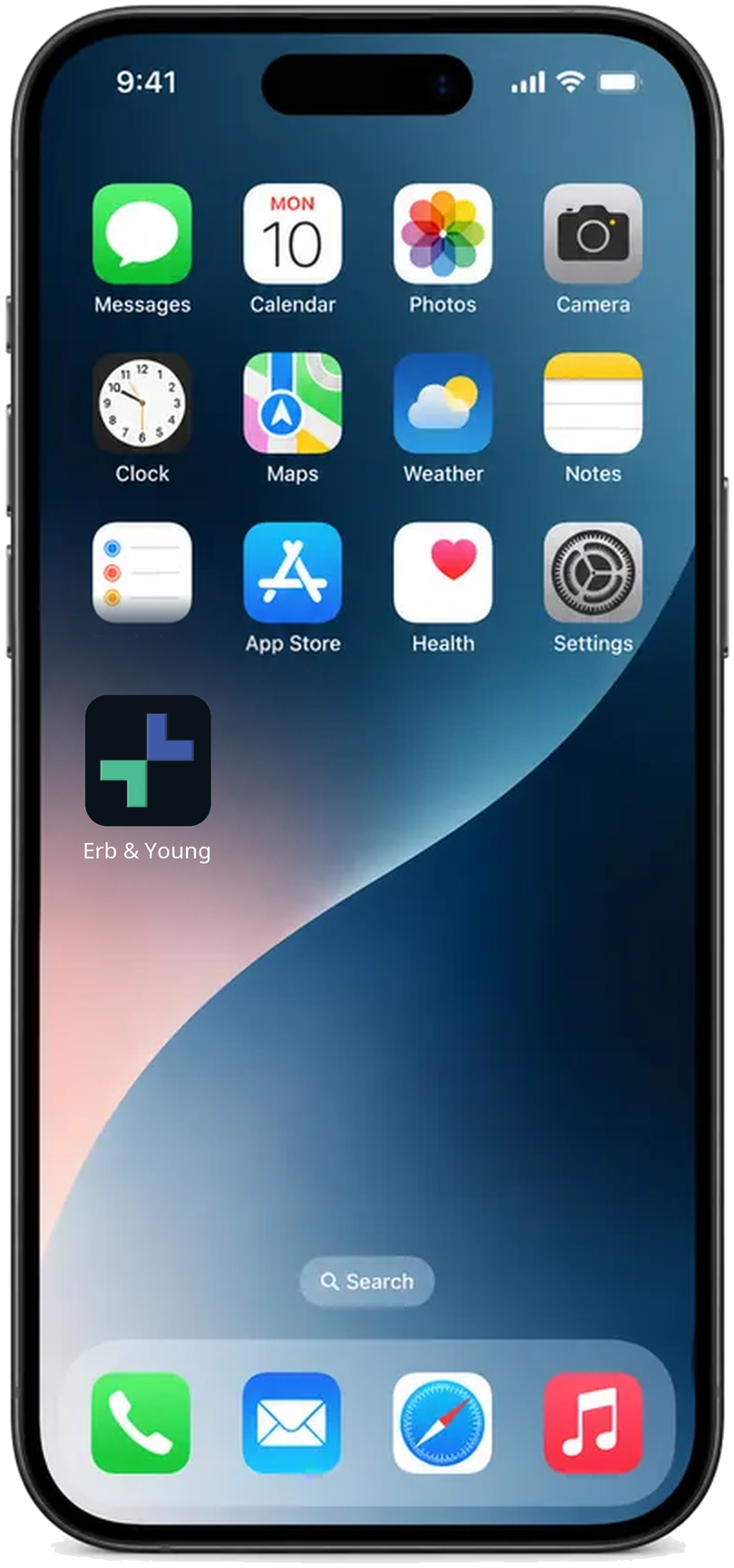 Full iPhone home screen featuring the Erb & Young mobile app