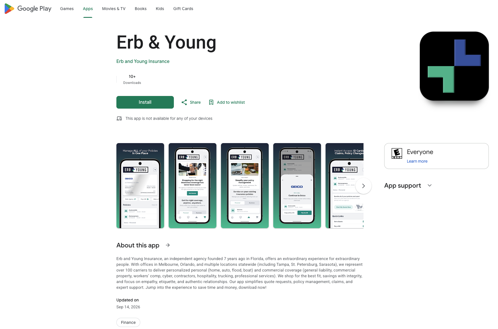 Full Erb & Young Google Play listing with app screenshots and details