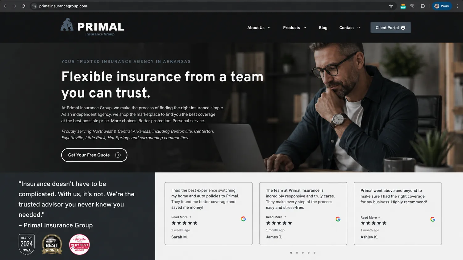 Primal Insurance Group website with a Client Portal button